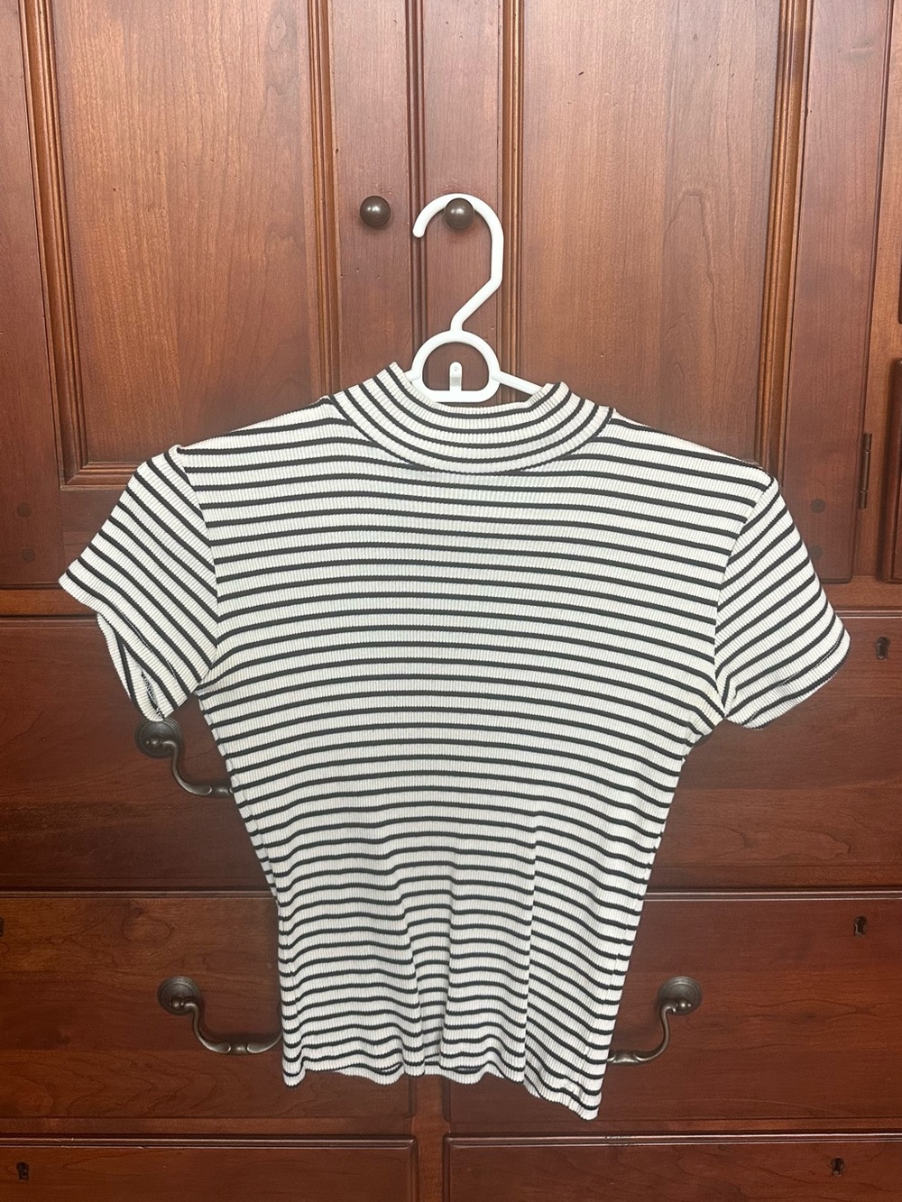 Brandy Melville Navy & White Striped Mock Neck Short Sleeve Tee